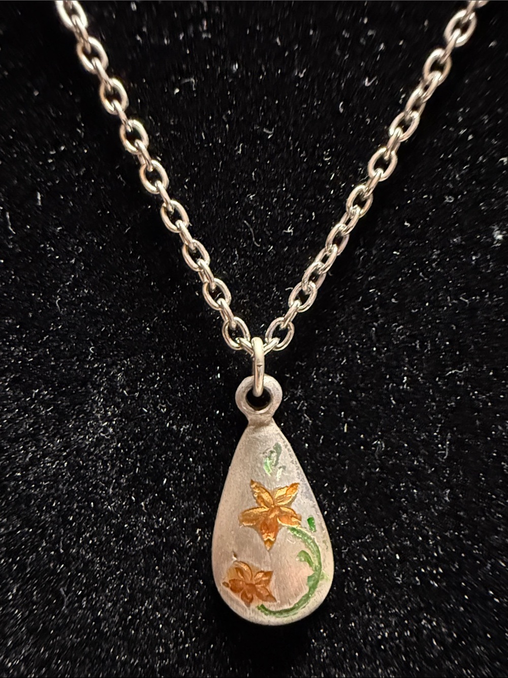 Silvertone Teardrop Floral Pendant Necklace - Silver with Gold Accents